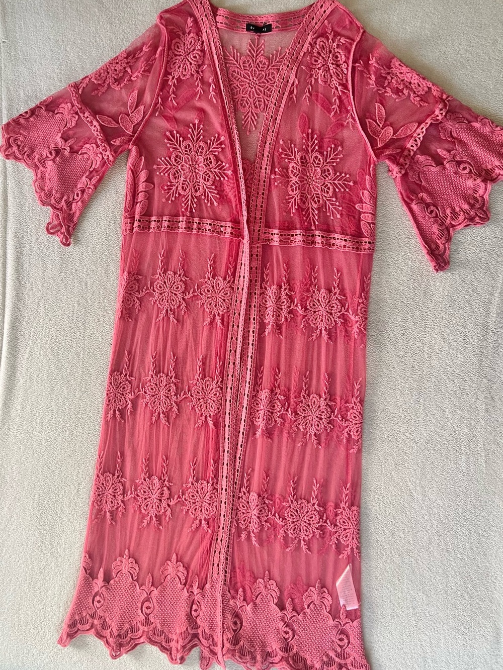 Boho Pink Lace Embroider Romantic Festival Floral Kimono Swimsuit Cover Up M/L